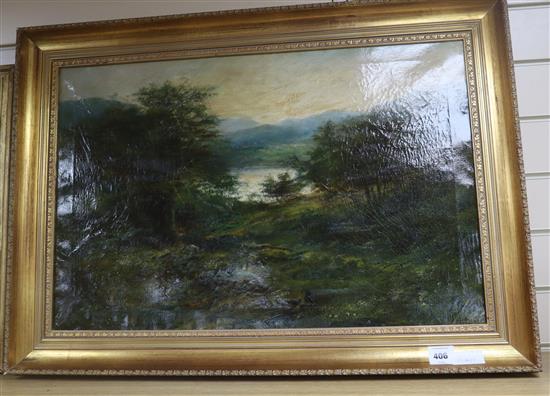 English School c.1900, oil on canvas, Lake scene, 48 x 74cm
